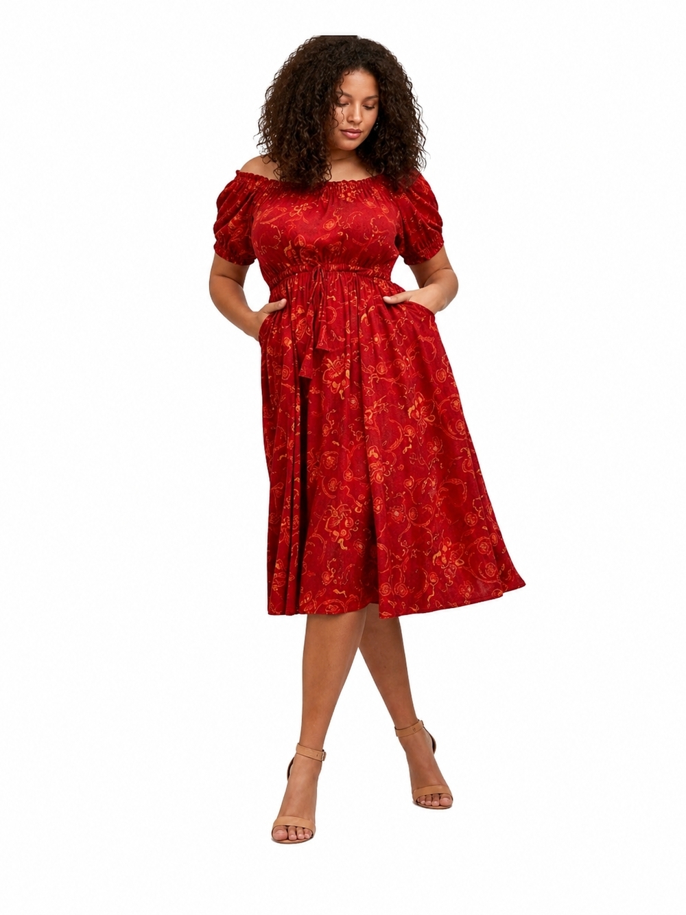 TORRID 4 - Red Off-the-Shoulder Midi Dress with Puff Sleeves - NWT - 4X
